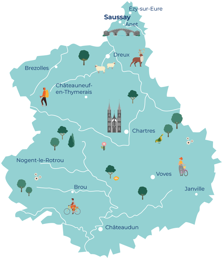 Une carte illustr&eacute;e de la r&eacute;gion d'Eure-et-Loir, en France, qui met en &eacute;vidence la diversit&eacute; des exp&eacute;riences possibles. La carte, sur un fond bleu-gris, est parsem&eacute;e de pictogrammes symbolisant la culture (monuments historiques), la nature (for&ecirc;ts, rivi&egrave;res), les loisirs (randonn&eacute;e, v&eacute;lo, p&ecirc;che) et la gastronomie (vignobles, march&eacute;s). Des textes en fran&ccedil;ais d&eacute;crivent les activit&eacute;s : &laquo; Randonn&eacute;es en for&ecirc;t &raquo;, &laquo; D&eacute;gustation de vin &raquo;, &laquo; Visites de ch&acirc;teaux &raquo;, &laquo; March&eacute;s locaux &raquo;, &laquo; P&ecirc;che en rivi&egrave;re &raquo;, &laquo; VTT sur les sentiers &raquo;, &laquo; D&eacute;couverte du patrimoine &raquo;. Les noms des villes et villages sont &eacute;galement indiqu&eacute;s.